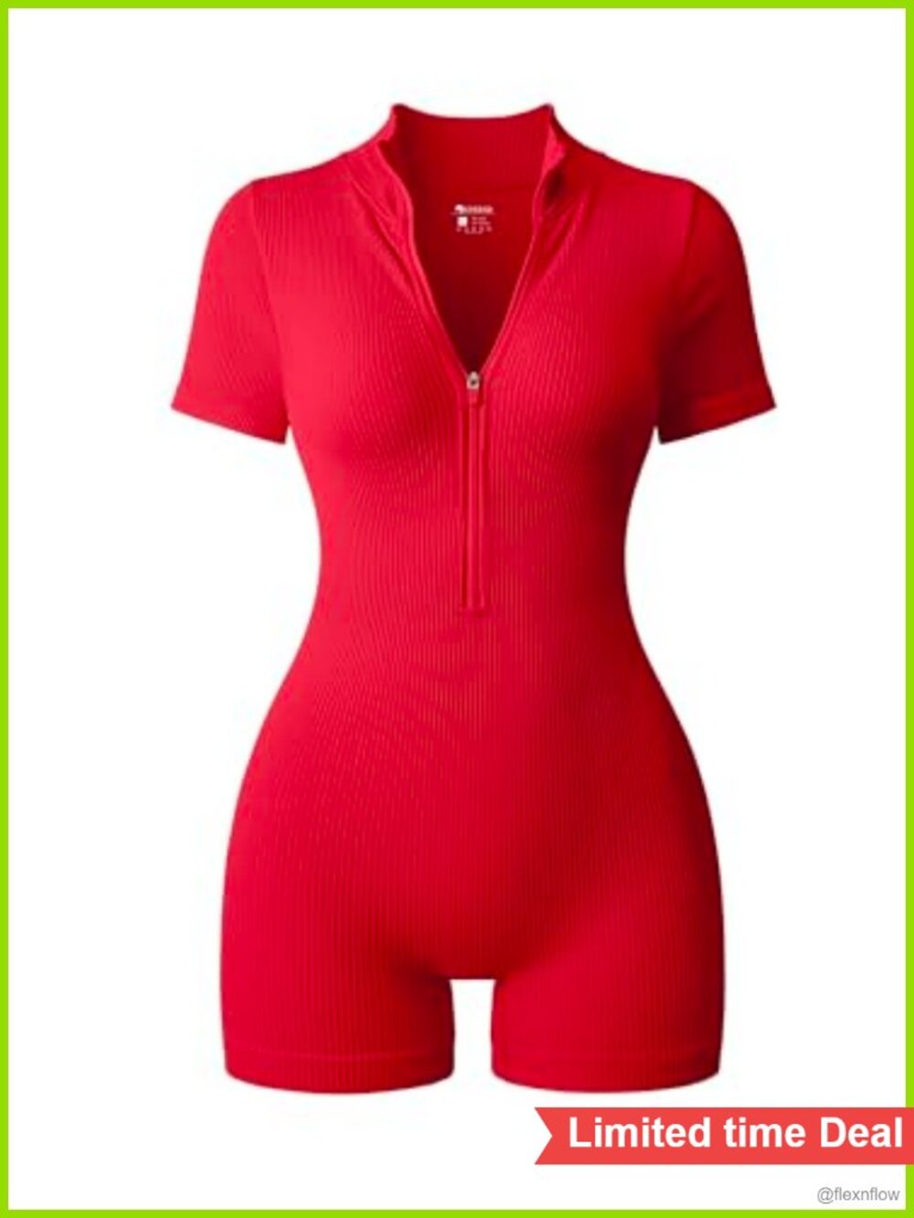 Women Short Sleeve Romper Zip Front Ribbed Tummy Control